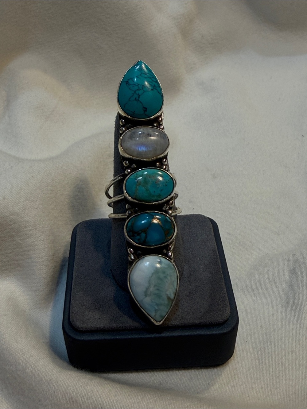 Handmade Sterling Silver Turquoise, Moonstone and Larimer Ring